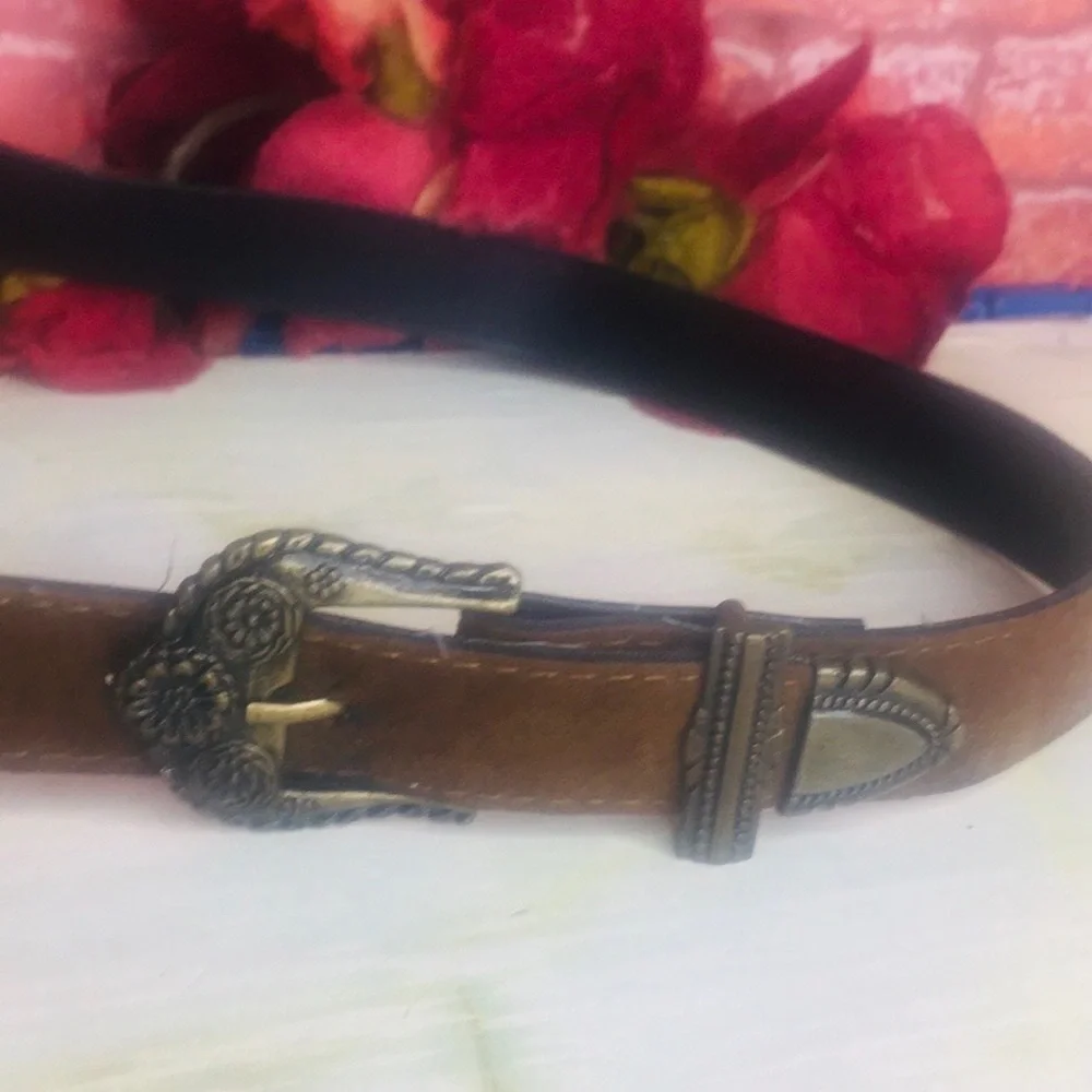Brown Suede Leather Western Style Belt with Floral Brass Buckle